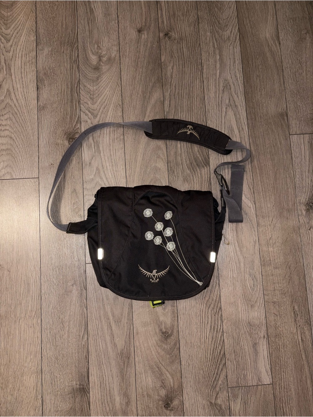 OSPREY FlapJill Mini Black Messenger Bag with Dandelion Embroidery